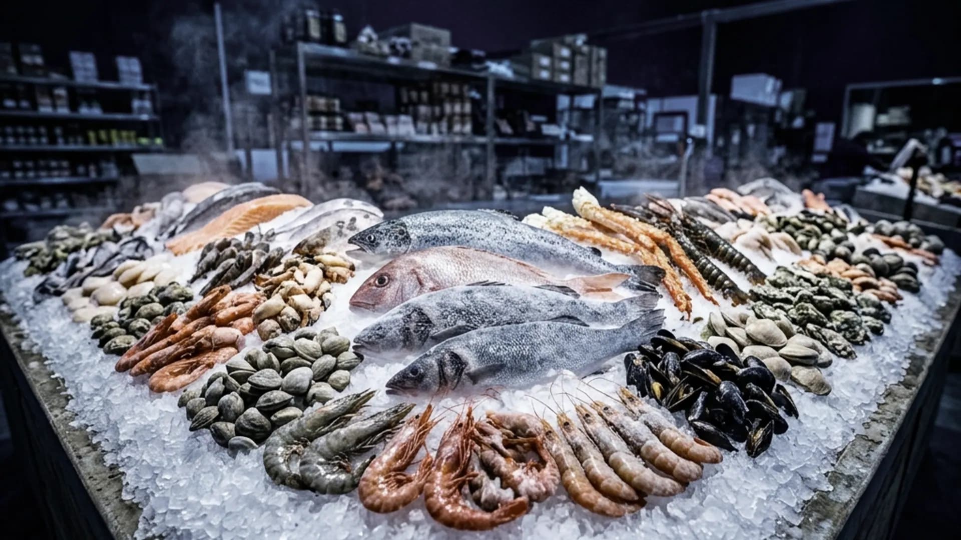 Poisson et fruits de mer frais congelés